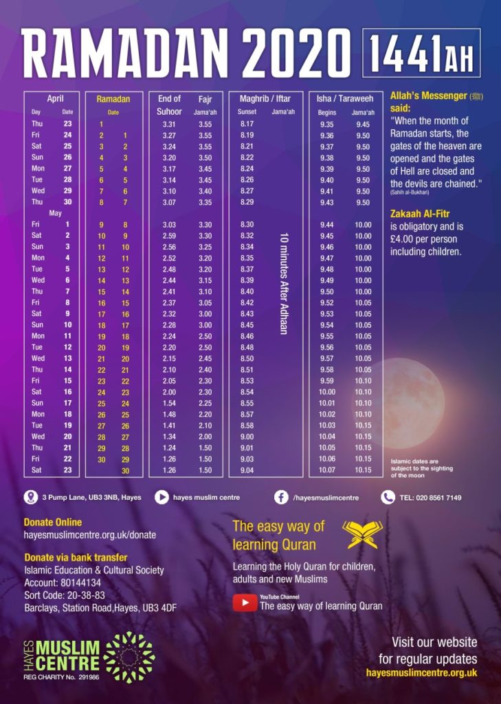 Ramadan Timetabel 2020, ramadan 2020 uk timetable leicester
